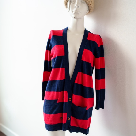 Y2K ** Steven Alan Deep V-Neck Cardigan Navy / Red Stripe - Size S - Picture 3 of 11
